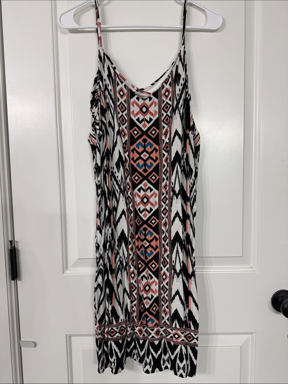 Xhilaration Bohemian Black & White Aztec Print Slip Dress with Coral Accents